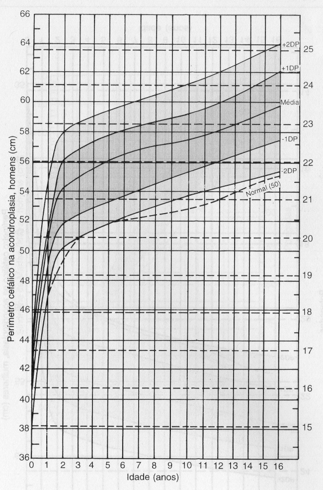 CURVA DE PERÍMETRO CEFÁLICO - ACONDROPLASIA - MASCULINO - 0 A 16 ANOS